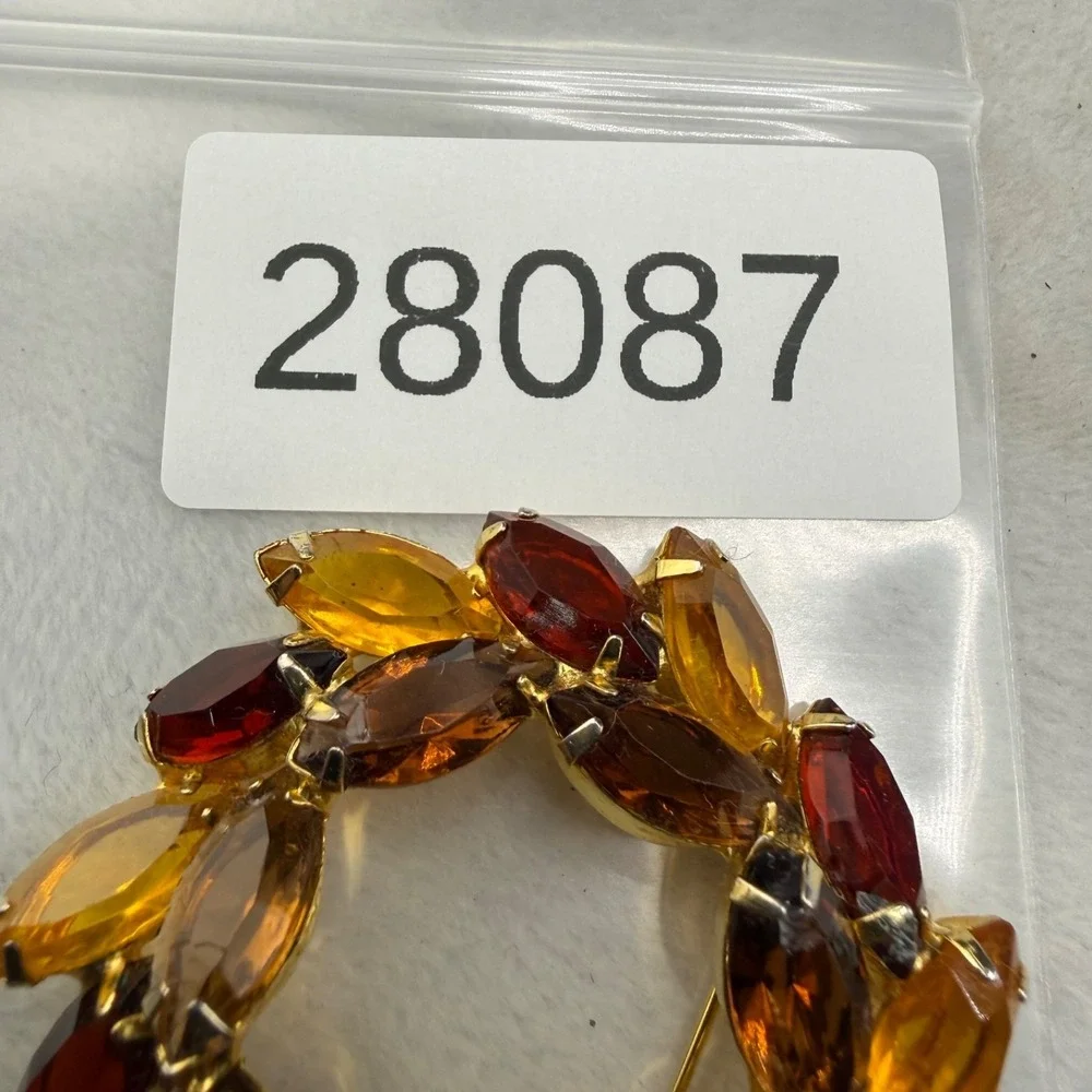 Vintage Rhinestone Brooch Gold Tone Fall Autumn Orange Red Well Made Open Back